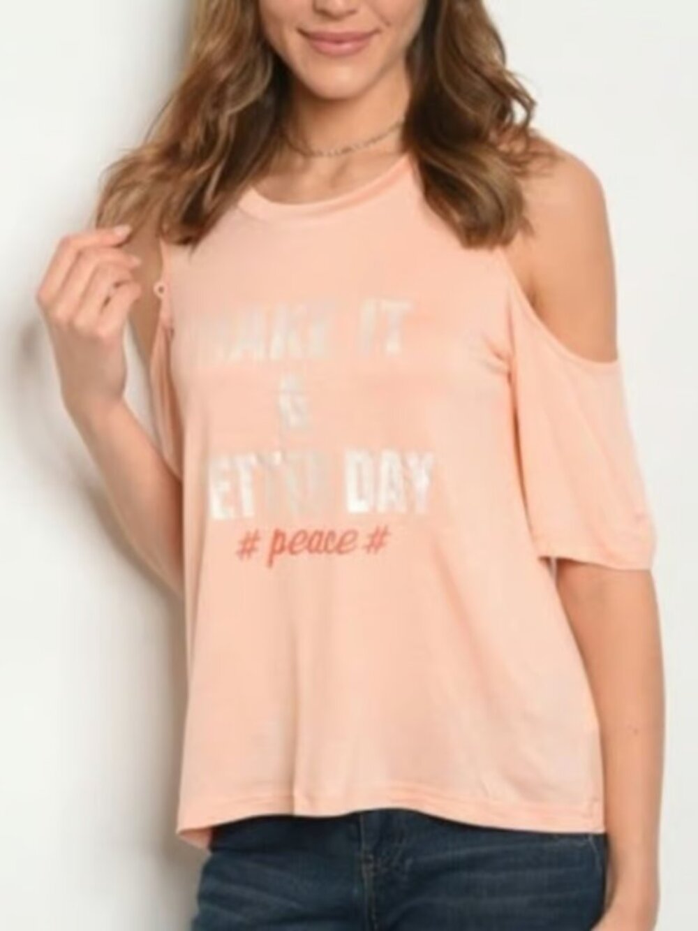 Grifflin Pastel Peach Make It A Better Day Cold Shoulder Graphic Tee Small NWT